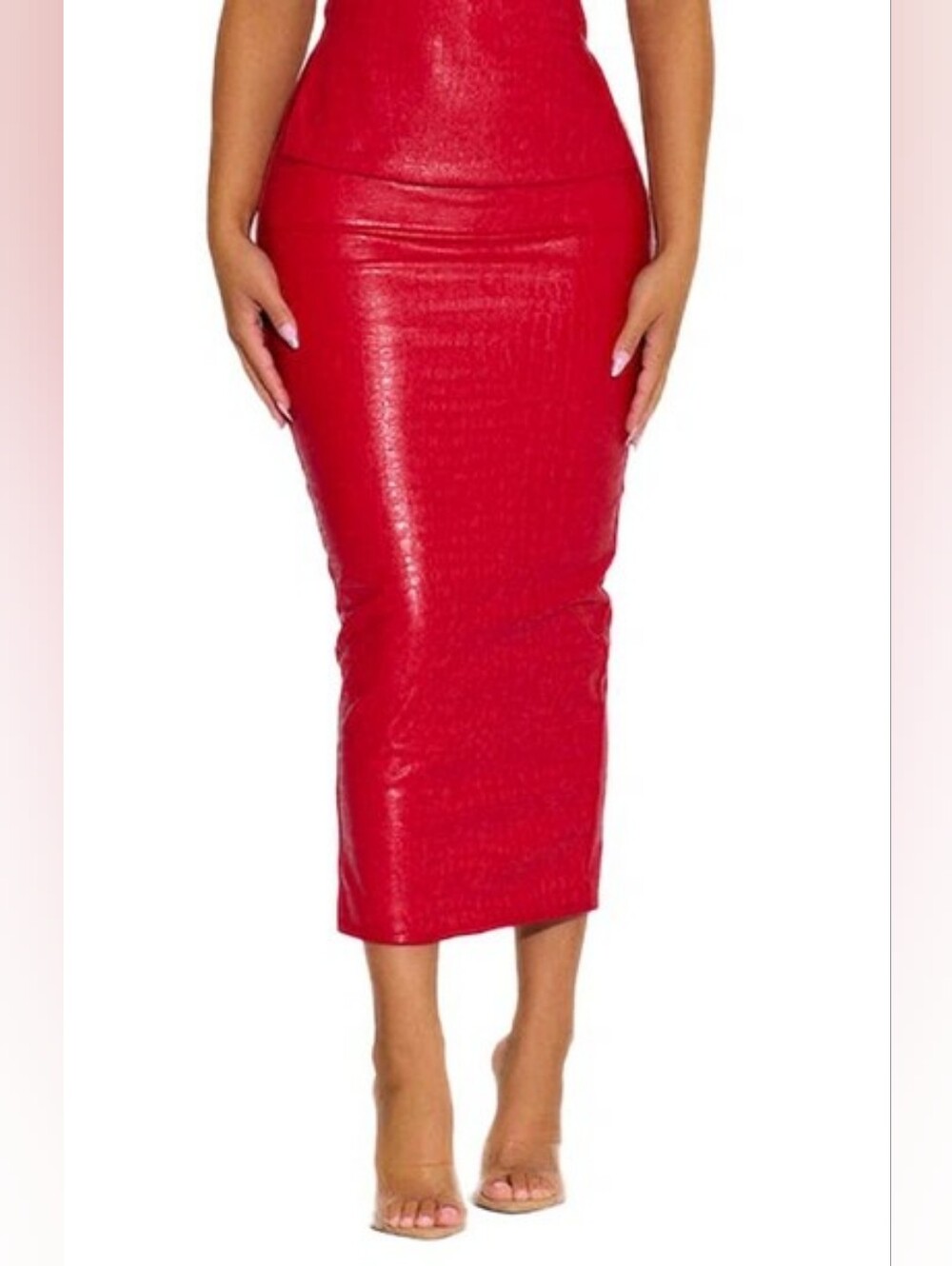 Naked Wardrobe - Red Croc-embossed Midi Skirt